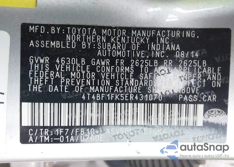 2014 Toyota Camry Xle z USA, uszkodzony, nr VIN 4T4BF1FK5ER431070